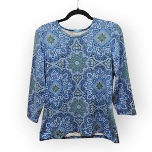 J.McLaughlin Blue Paisley Medallion 3/4 Sleeve Catalina Cloth Top Womens Medium